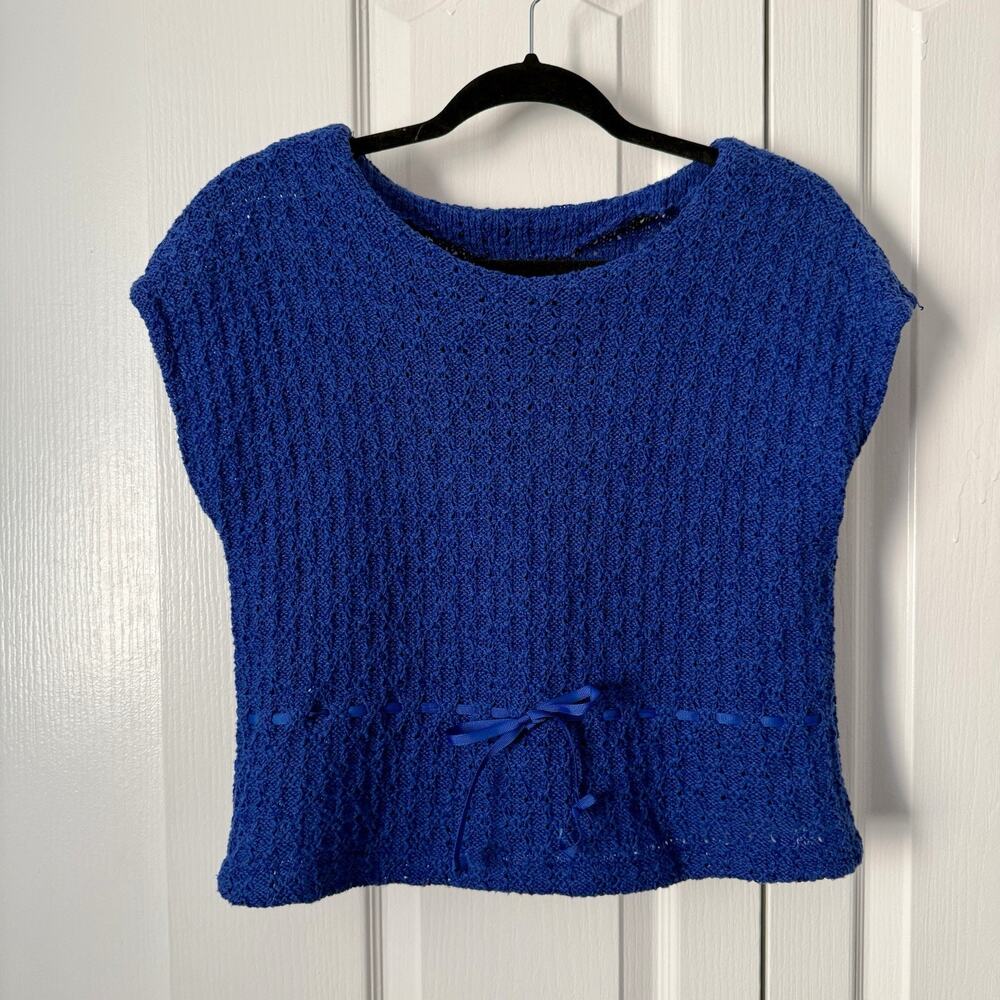 Cobalt Blue Crochet Knit Top Women’s M Ribbon Waist Sleeveless Boho Cottagecore